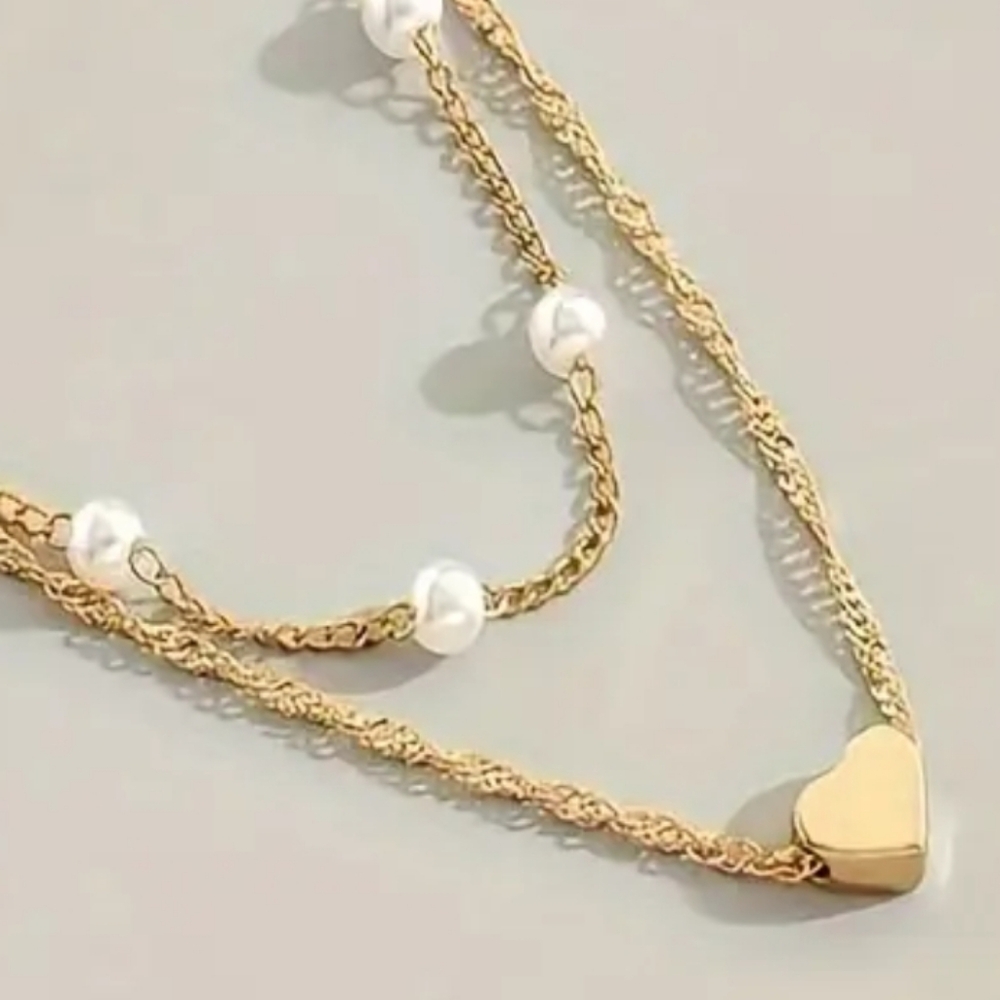 DOUBLE LAYER MINI HEART SIMULATED PEARL NECKLACE - Picture 4 of 4